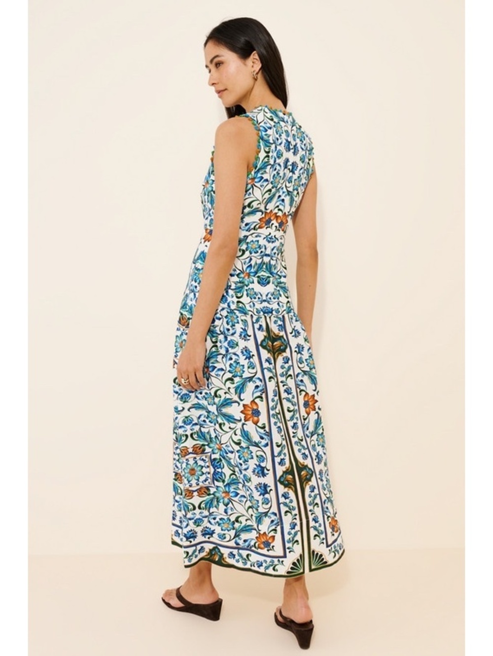 FARM Rio Off-White Flora Tile Scallop Premium Linen Maxi Dress NWT Large - Picture 2 of 8